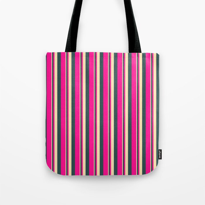 Beige, Dark Slate Gray, and Deep Pink Colored Stripes/Lines Pattern Tote Bag