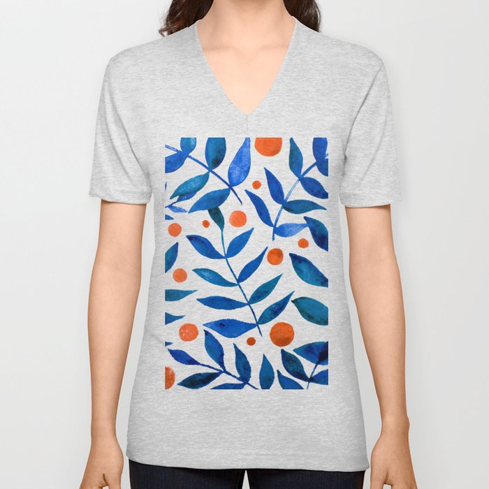 Watercolor berries and branches - blue and orange Unisex V-Ausschnitt Watercolor berries and branches - blue and orange Unisex V-Ausschnitt