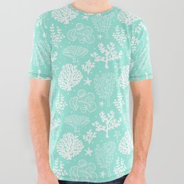 Mint Blue And White Coral Silhouette Pattern All Over Graphic Tee