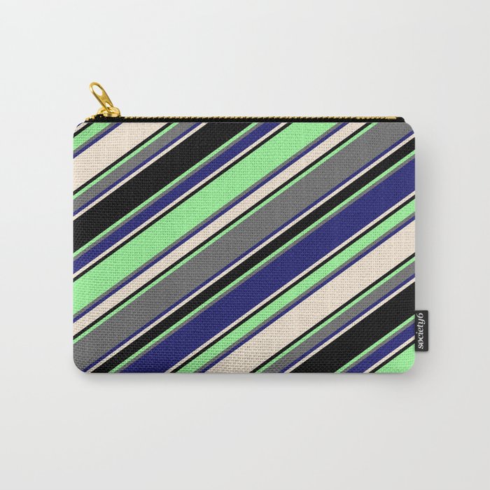 Vibrant Green, Dim Grey, Midnight Blue, Beige & Black Colored Striped Pattern Carry-All Pouch