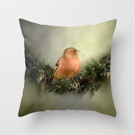 Little Bird in Christmas Wreath Throw Pillow