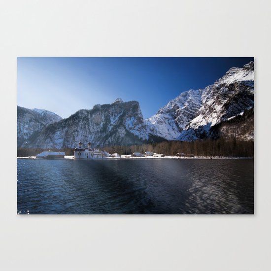 Koenigssee Lake with St. Bartholomew's Church - Mountains and Lake Canvas Print
