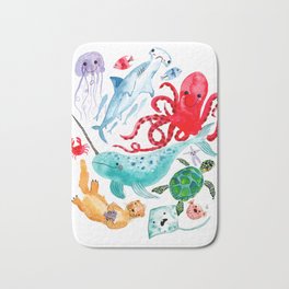 Ocean Creatures - Sea Animals Characters - Watercolor Bath Mat