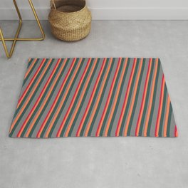 [ Thumbnail: Coral, Dark Slate Gray, Grey, and Crimson Colored Pattern of Stripes Rug ]