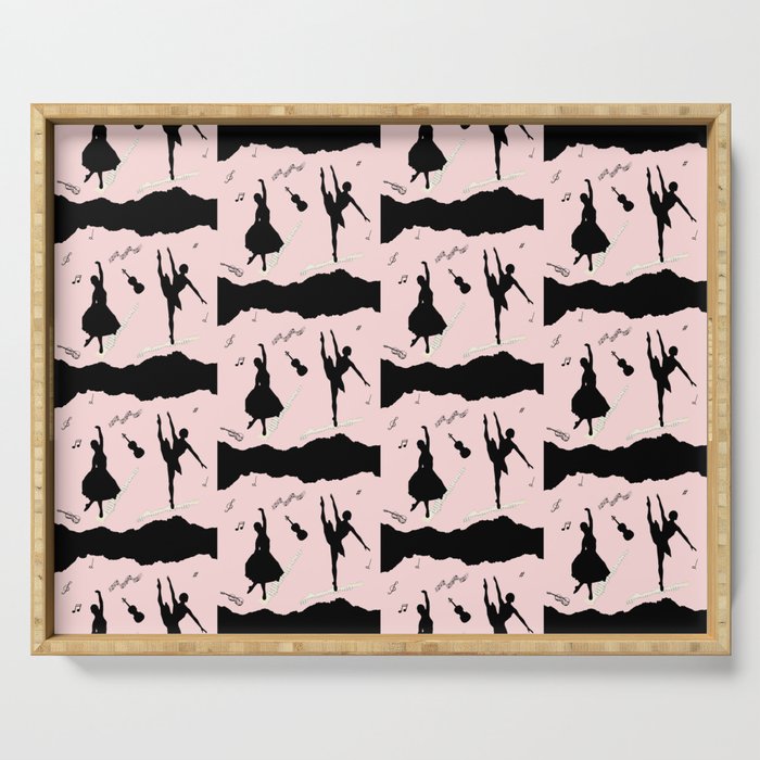 Two ballerina figures in black on pink paper Serving Tray