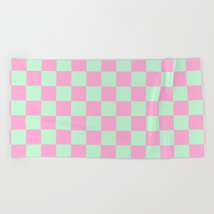 Mint Green and Pink Check - bed and bath Beach Towel