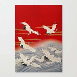 Japanese Cranes Over Waves  Canvas Print
