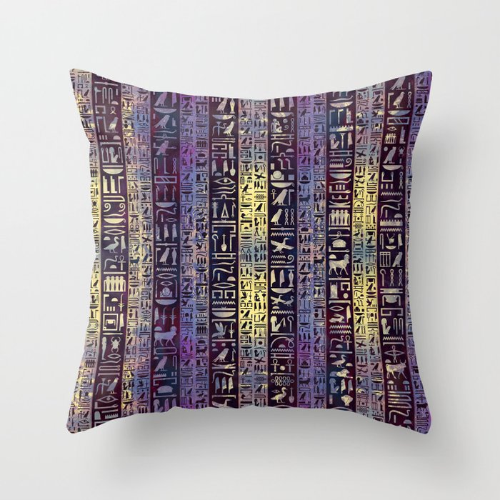 Egyptian hieroglyphs on purple violet painted texture Throw Pillow