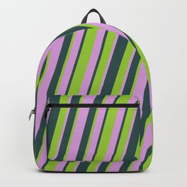 [ Thumbnail: Plum, Dark Slate Gray, and Green Colored Lines Pattern Backpack ]