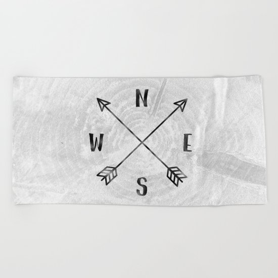 Black and White Wood Grain Compass Beach Towel