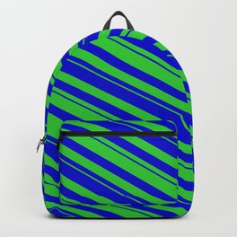 [ Thumbnail: Blue & Lime Green Colored Lines Pattern Backpack ]