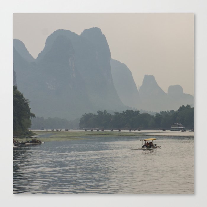 China Photography - Small Boat Floating In Front Of Majestic Mountains Canvas Print