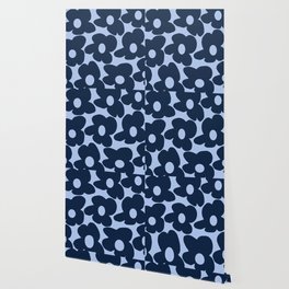 Large Dark Blue Retro Flowers Baby Blue Background #decor #society6 #buyart Wallpaper