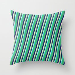 [ Thumbnail: Sea Green, Midnight Blue, Beige & Cyan Colored Lines Pattern Throw Pillow ]