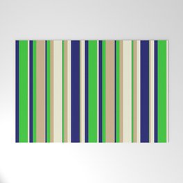 [ Thumbnail: Midnight Blue, Lime Green, Tan & Beige Colored Stripes/Lines Pattern Welcome Mat ]