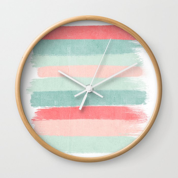 Stripes painted coral minimal mint teal bright southern charleston decor colors Wall Clock