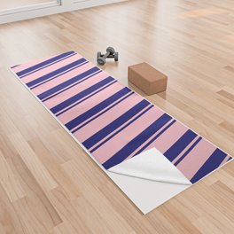 [ Thumbnail: Midnight Blue and Pink Colored Lined/Striped Pattern Yoga Towel ]