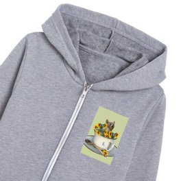 Grey Cat in coffee cup with sunflowers Kids Zip Hoodie