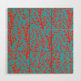 Turquoise and Red Leaves Pattern Wood Wall Art