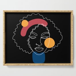 African woman in a line art style with abstract shapes on a black background. Serving Tray