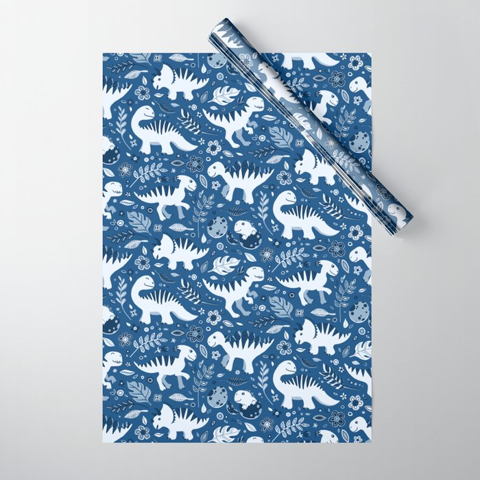 Dino Floral in Classic Blues Wrapping Paper