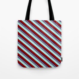 [ Thumbnail: Eye-catching Purple, Dim Gray, Turquoise, Dark Red, and Black Colored Lined Pattern Tote Bag ]