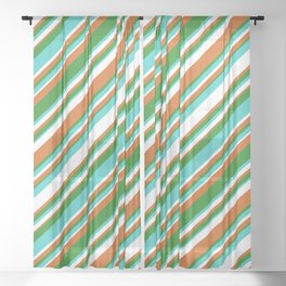 [ Thumbnail: Chocolate, Forest Green, Turquoise, and White Colored Stripes/Lines Pattern Sheer Curtain ]
