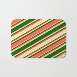 [ Thumbnail: Beige, Dark Green & Red Colored Lined Pattern Bath Mat ]