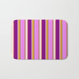 [ Thumbnail: Violet, Goldenrod, Purple & Beige Colored Lines Pattern Bath Mat ]