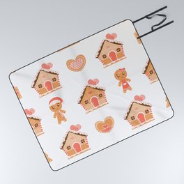 Christmas Gingerbread Man and Houses Seamless Pattern on White Background Picnic Blanket
