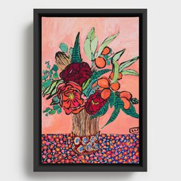 Peony, Banksia, and Citrus Bouquet on Peach Orange Background Painting with Liberty Print Floral Tablecloth Framed Canvas