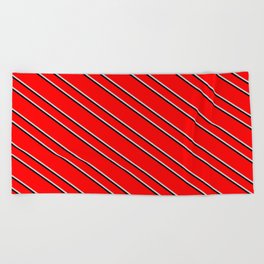 [ Thumbnail: Red, Light Gray, and Black Colored Lined Pattern Beach Towel ]