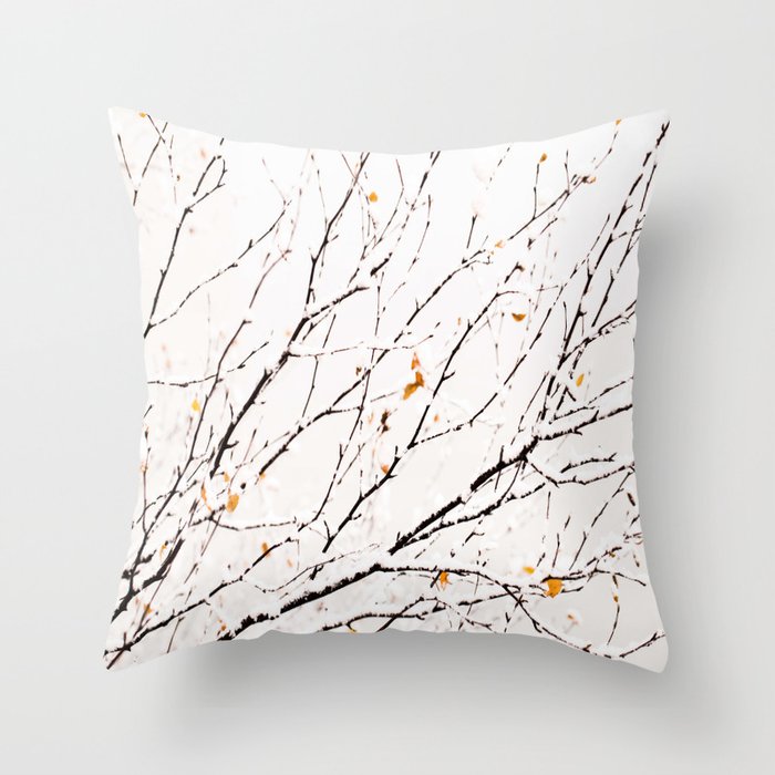Snowy birch twigs and leaves #decor #society6 #buyart Throw Pillow