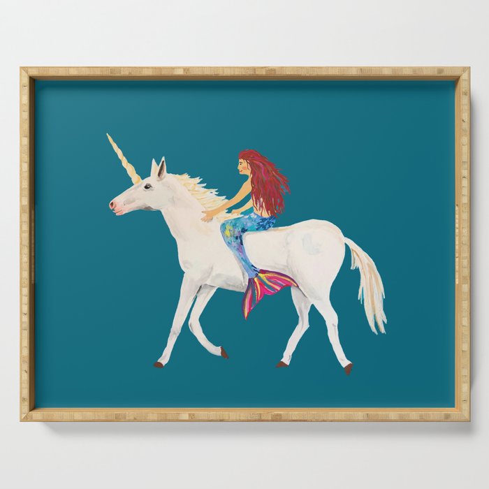Red Haired Mermaid Rides the Unicorn Serving Tray