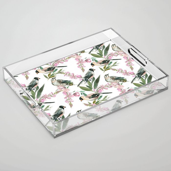 Black white birds pink green watercolor floral Acrylic Tray