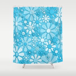 Retro Garden Flowers 60s 70s Plastic Look Floral Pattern Light Blue Shower Curtain