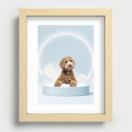 Goldendoodle Laying on Pastel Blue Podium with Cloud Recessed Framed Print