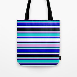 [ Thumbnail: Eye-catching Dark Turquoise, White, Plum, Blue & Black Colored Lined/Striped Pattern Tote Bag ]