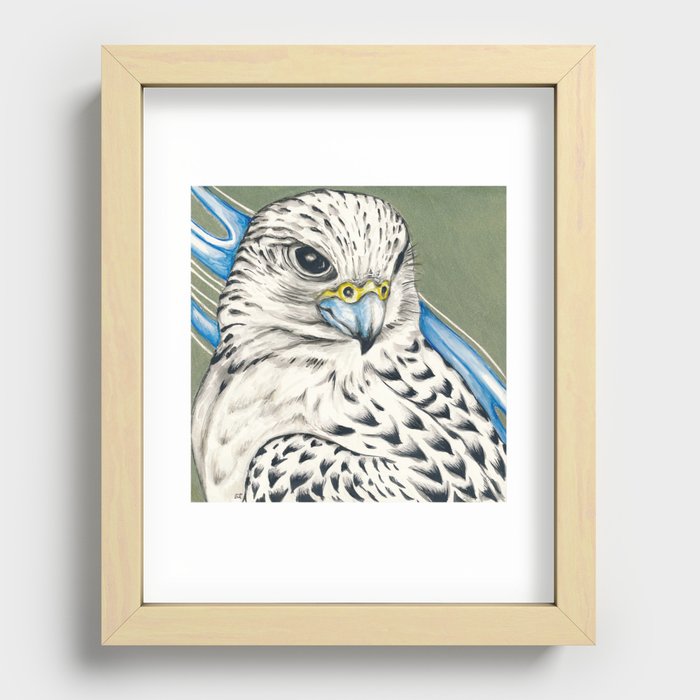 Gyr Falcon Hawk Gold Ink Blue  Recessed Framed Print