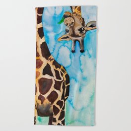 friendly giraffe Beach Towel