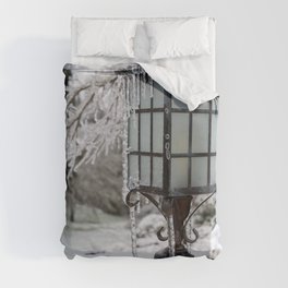 Winter Welcome Rustic Lamppost and Landscape with Snow and Ice Duvet Cover