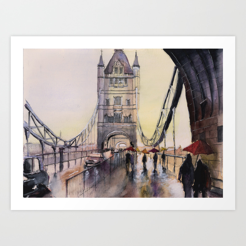 Sunset Over London Tower Bridge Watercolor Painting Art Print