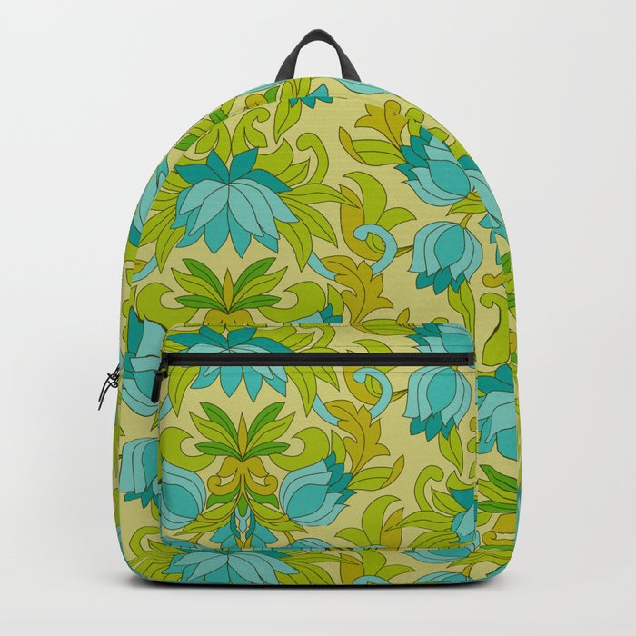 Turquoise and Green Leaves 1960s Retro Vintage Pattern Backpack