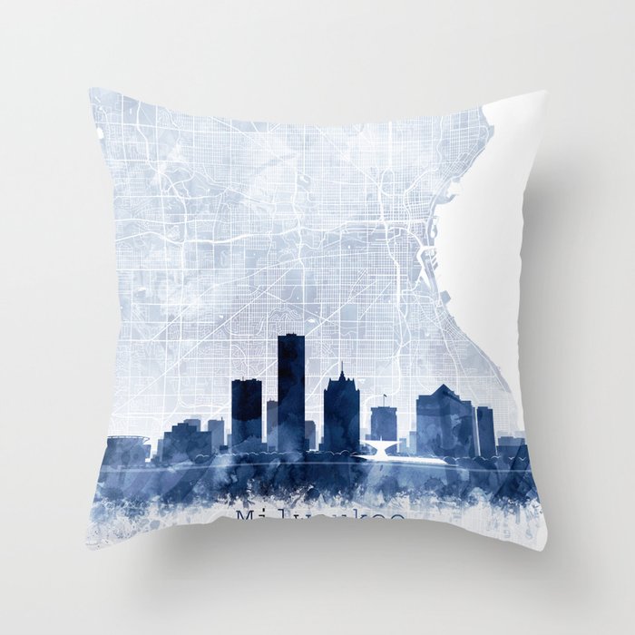 Milwaukee Skyline & Map Watercolor Navy Blue, Print by Zouzounio Art Throw Pillow