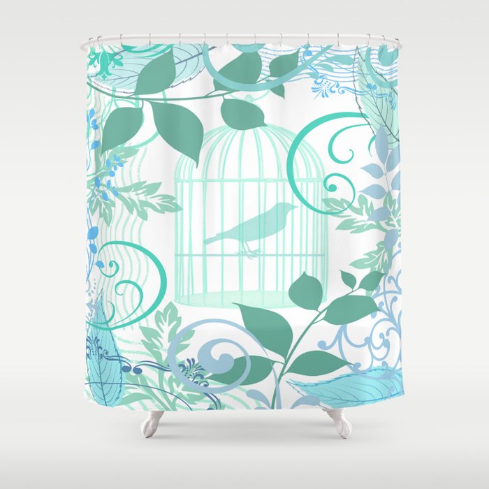 Aqua Blue Birdcage Vintage Style Print Shower Curtain By Artweb