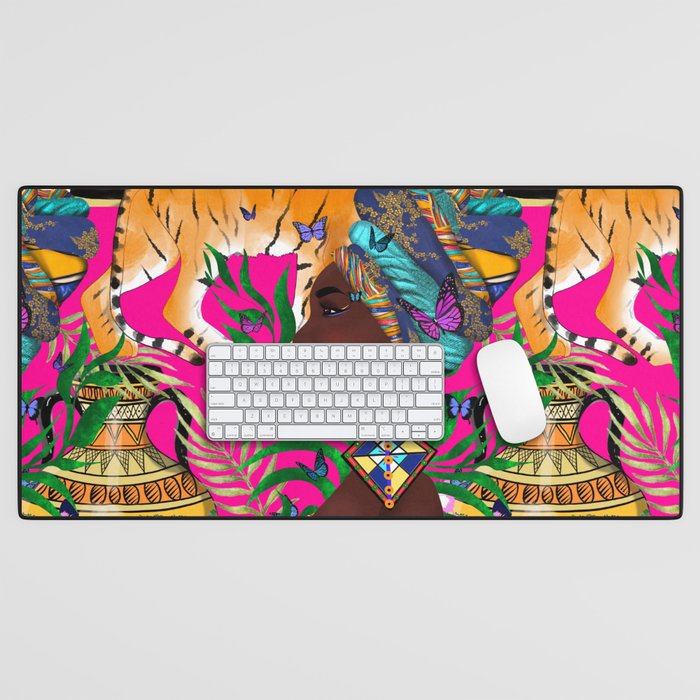 African woman,tiger,exotic pattern,pink background  Desk Mat