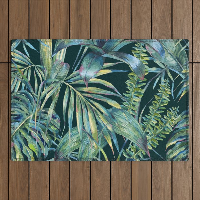 Watercolor green tropical leaves Outdoor Rug
