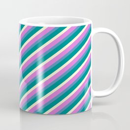[ Thumbnail: Orchid, Blue, Teal & Light Yellow Colored Striped/Lined Pattern Coffee Mug ]