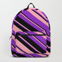 [ Thumbnail: Light Pink, Dark Orchid, and Black Colored Lines/Stripes Pattern Backpack ]