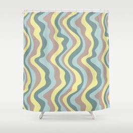 GOOD VIBRATIONS GROOVY MOD RETRO WAVY STRIPES in PINE MINT BEIGE YELLOW Shower Curtain